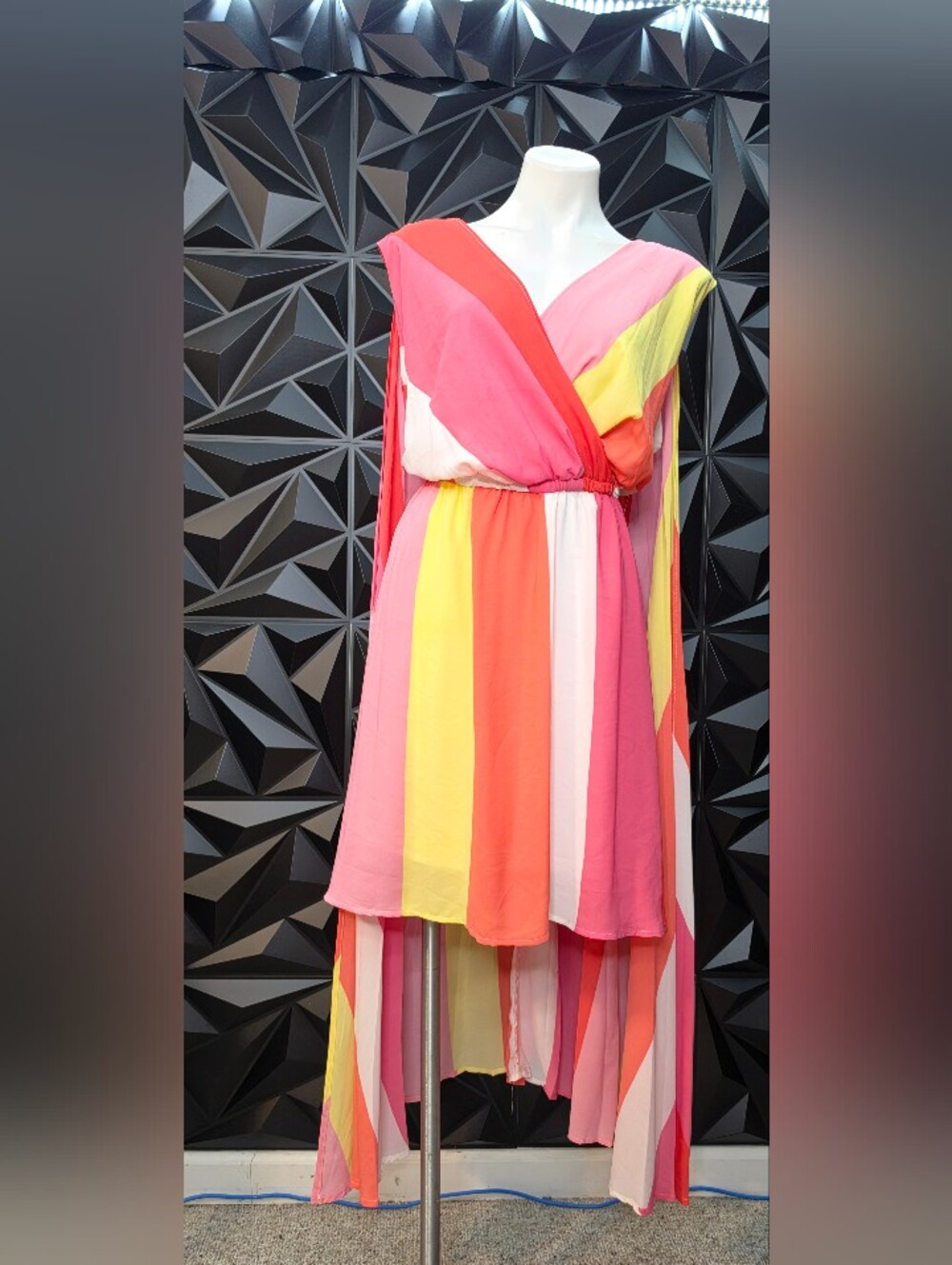 Ashley Stewart Pink, Coral & Yellow Striped High-Low Chiffon Dress